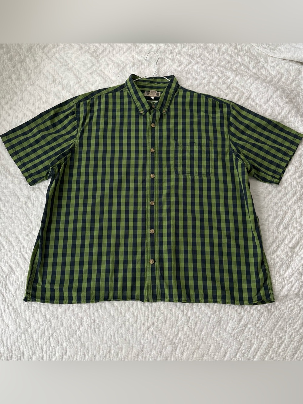 Duluth Trading Company Short-Sleeve Green/ Navy Plaid Button-Down Shirt. 3XL